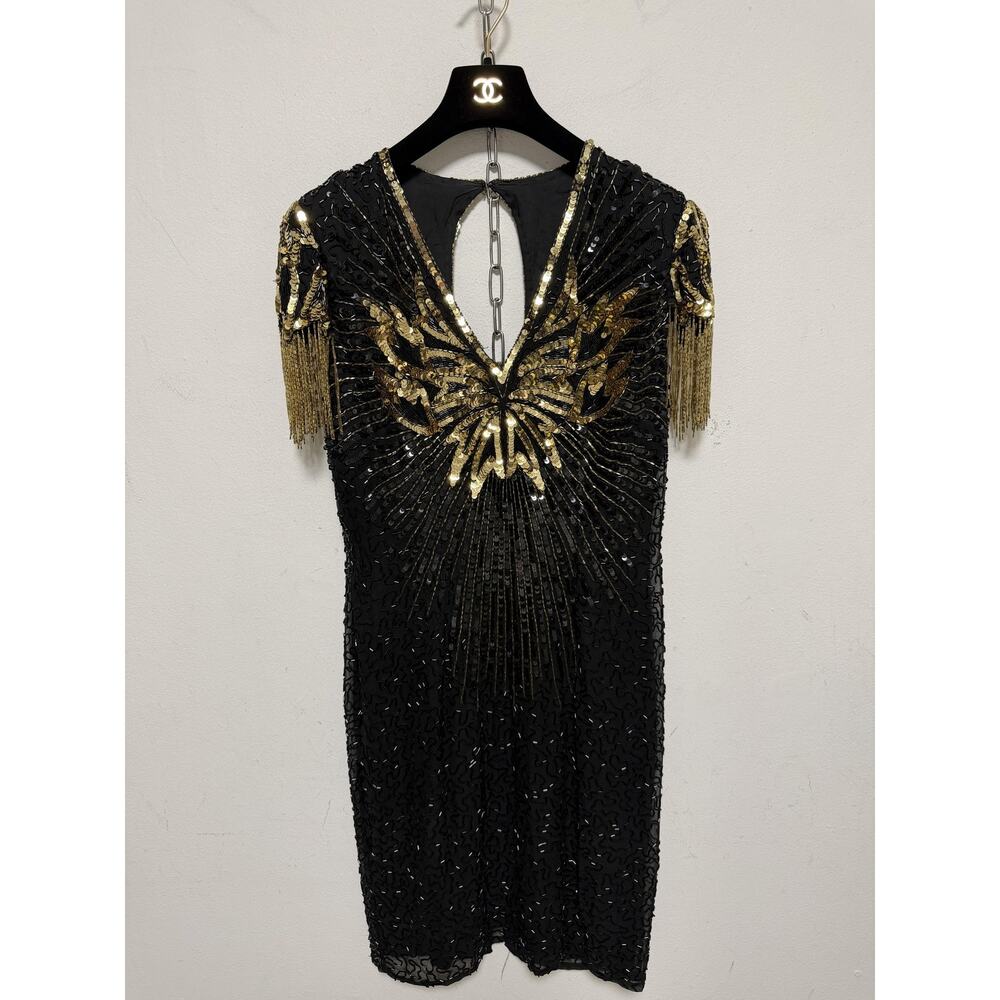 Vintage Four Seasons Boutique Dress Womens 8 Black Sequin Fringe 20s Flapper